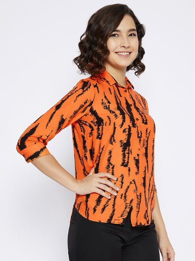 Orange Printed Slim Fit shirt - Women Shirts