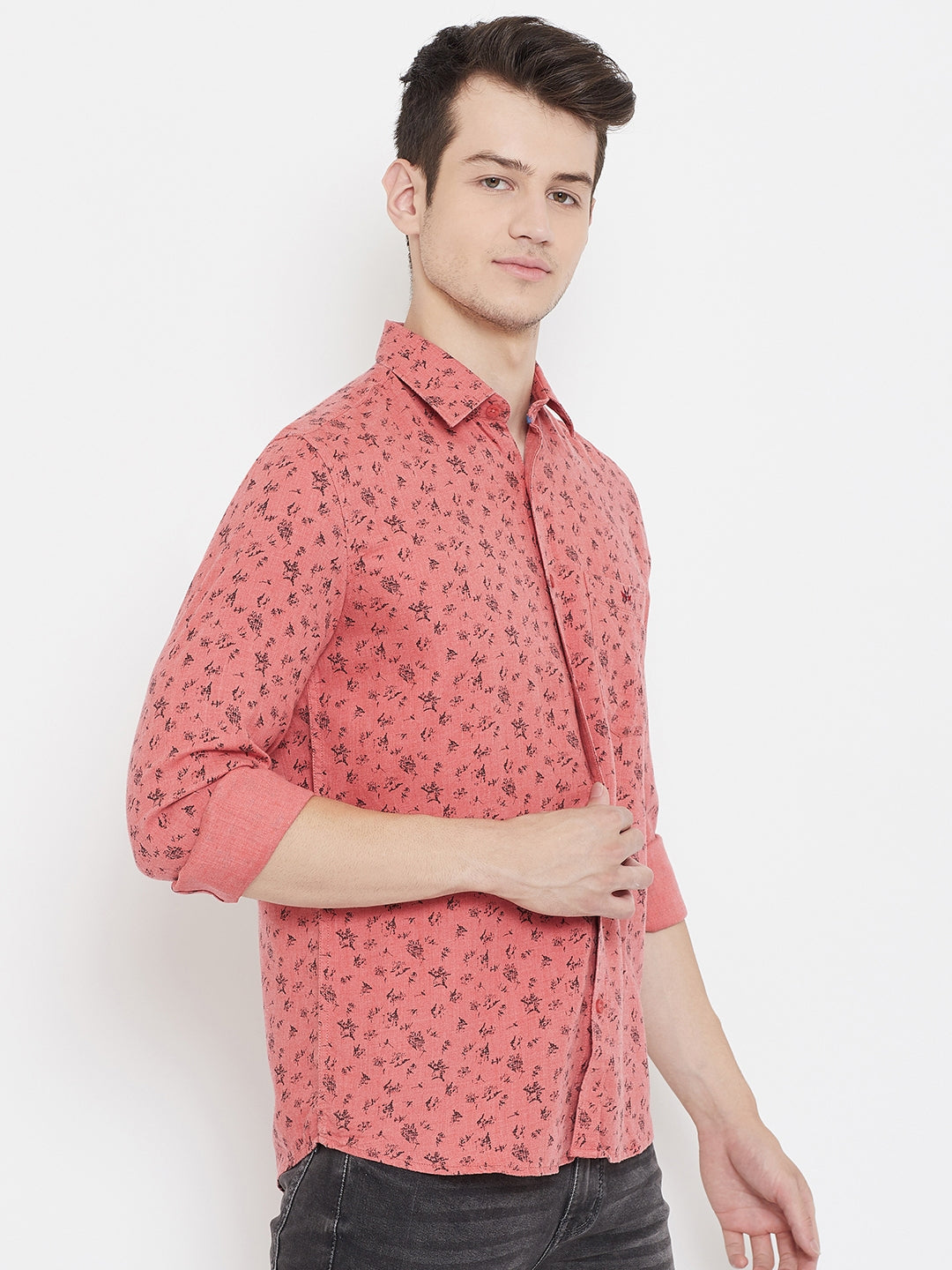 Pink Printed Spread Collar Slim Fit Shirt - Men Shirts