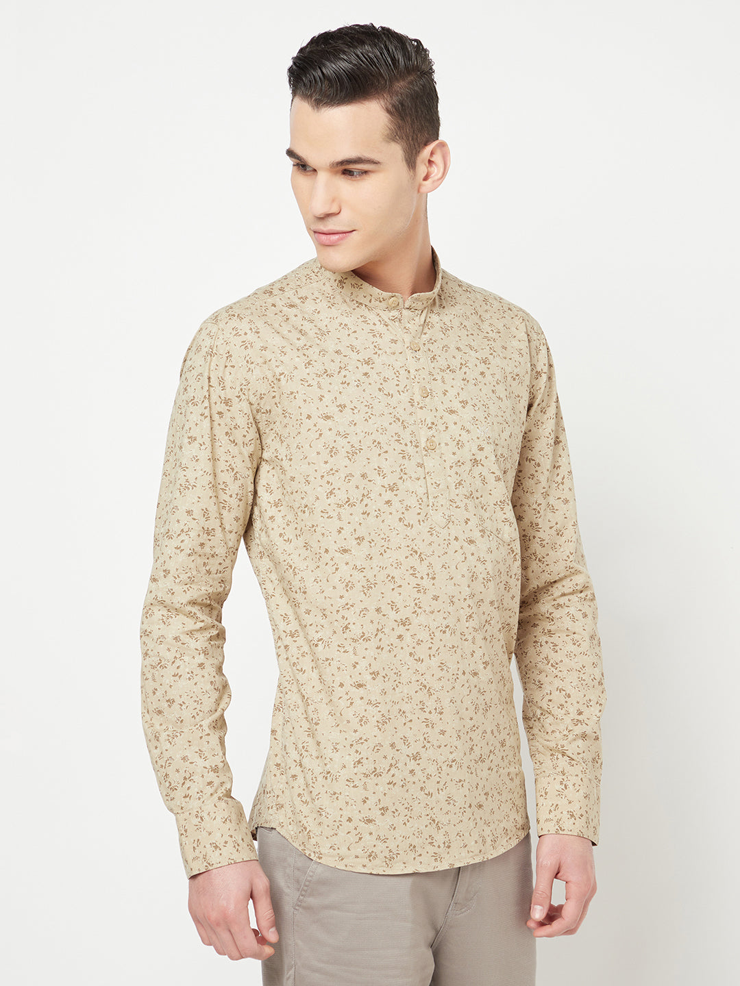 Beige Floral Printed Kurta - Men Kurtas