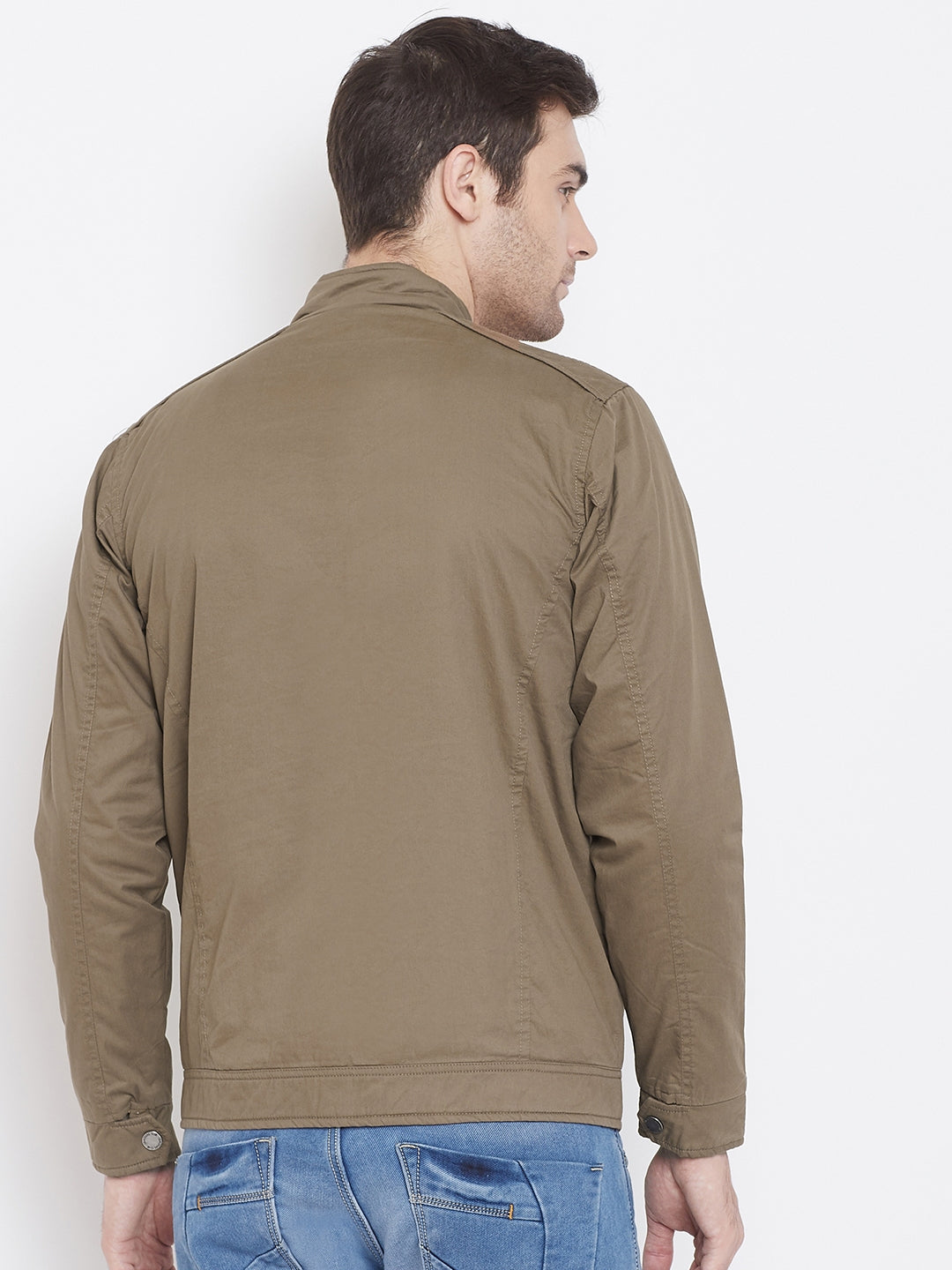 Beige Solid Mandarin Collar Jackets-Mens Jacket-Crimsoune Club