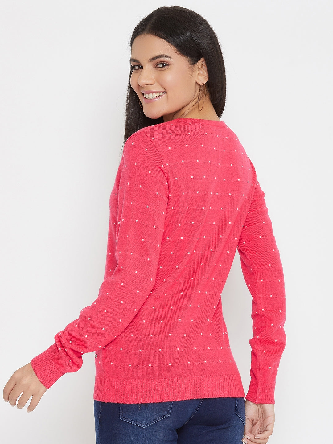 Pink Printed Round Neck Sweater - Women Sweaters