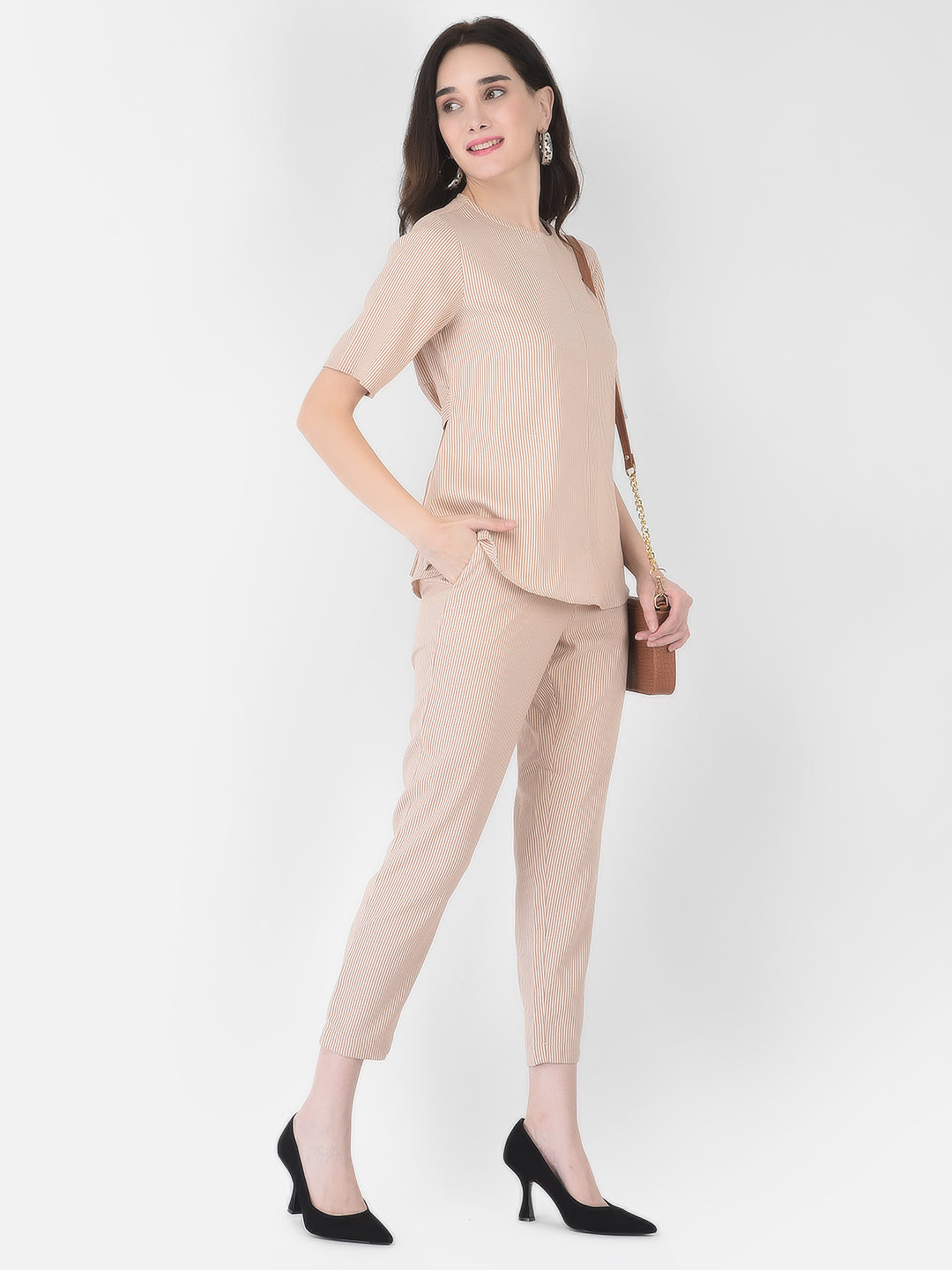 Beige Striped Co-Ord Set - Women Co-ord Sets