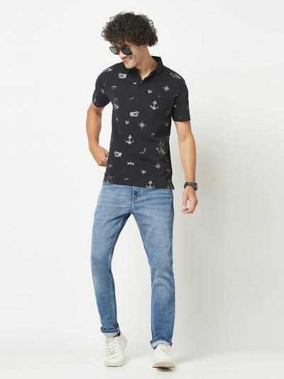  Navy Blue Graphic Polo T-Shirt