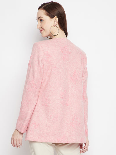 Pink Floral Round Neck Blazer-Women Blazer-Crimsoune Club