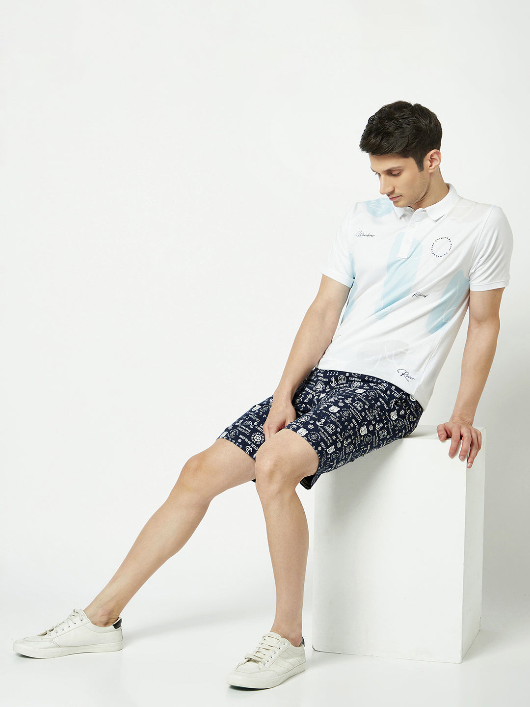  Navy Blue Graphic Print Lounge Shorts 