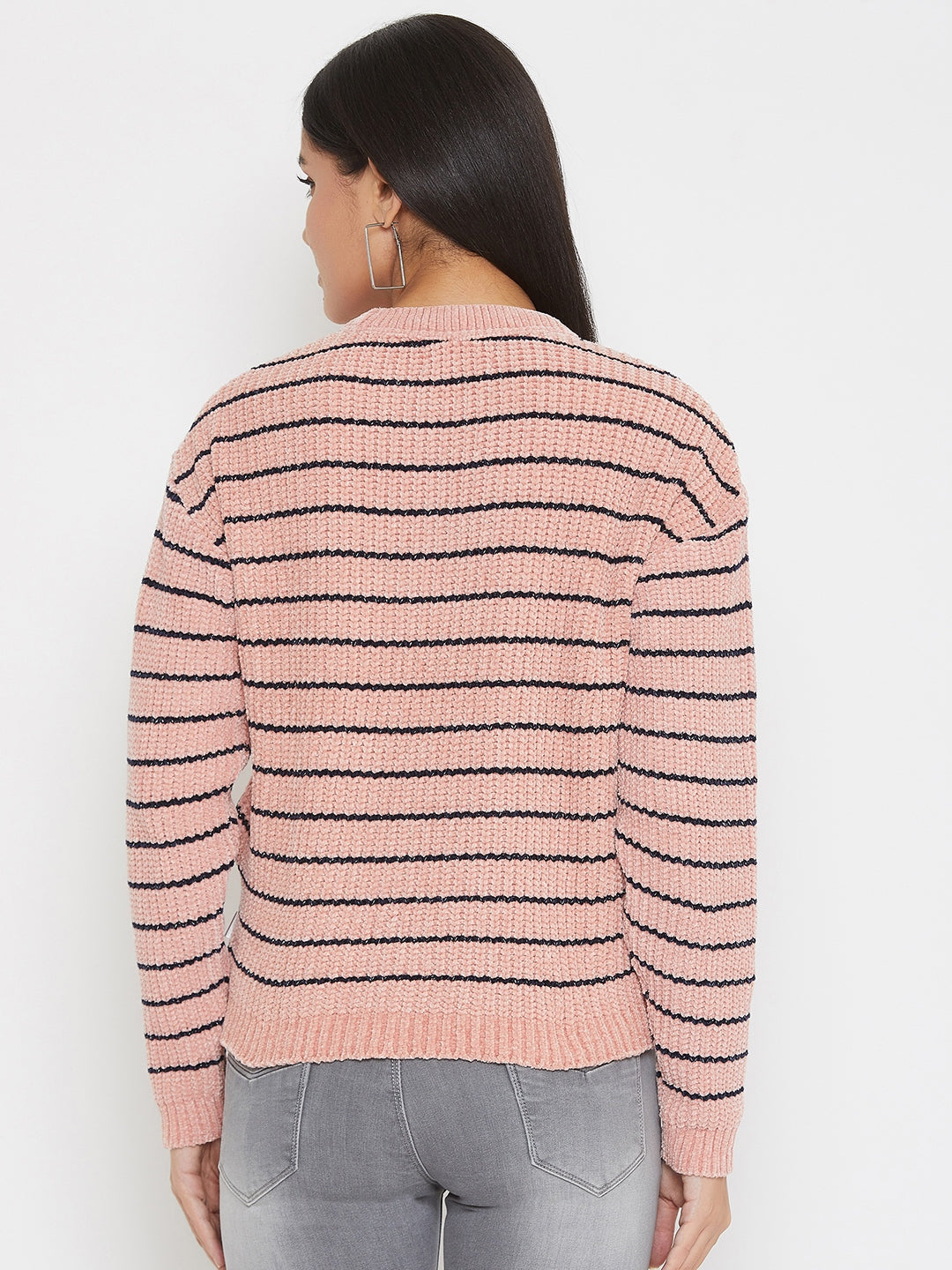 Pink Striped Round Neck Sweater - Women Sweaters