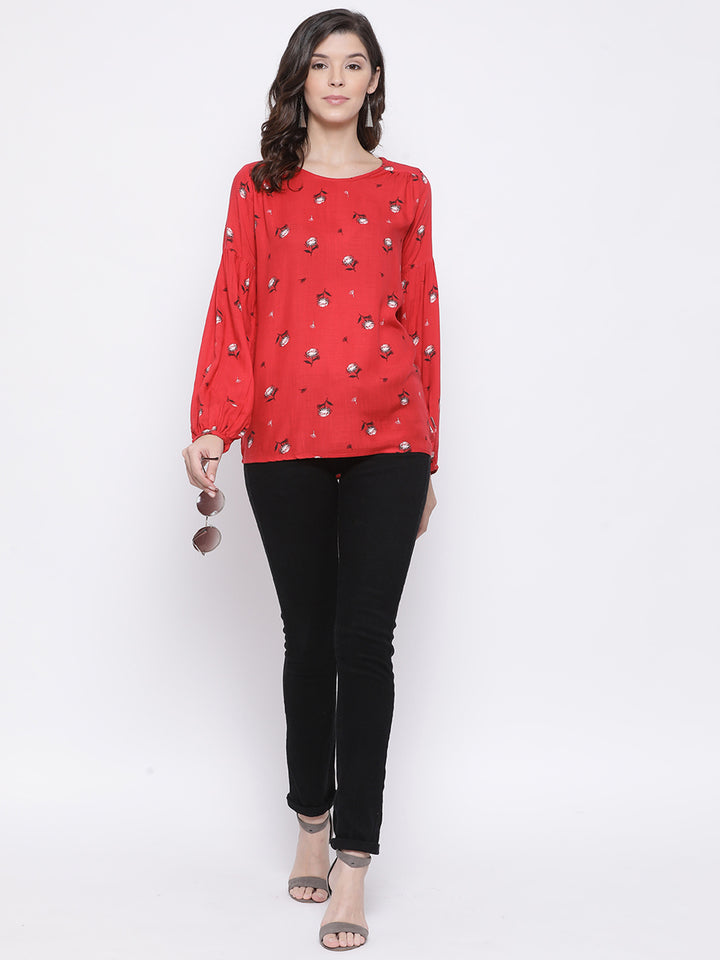 Red Printed Round Neck Tops - Women Tops