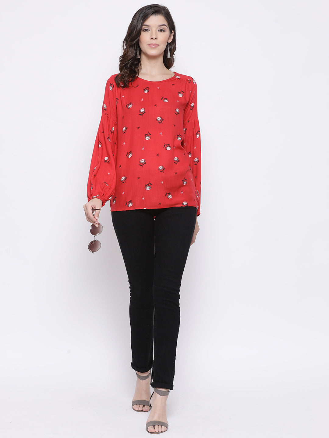 Red Printed Round Neck Tops - Women Tops