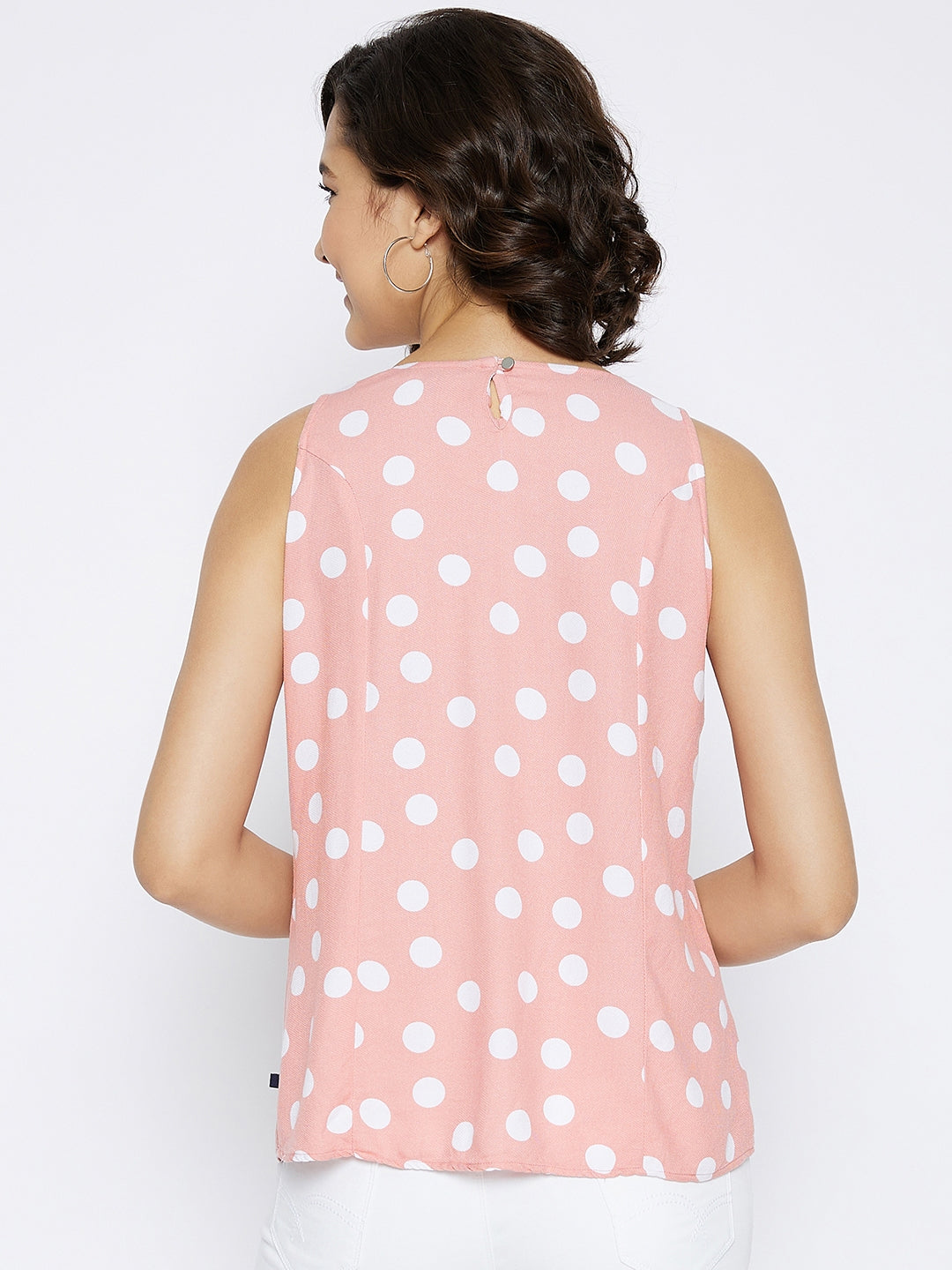 Peach Polka Dots Printed Tank Top - Women Tops