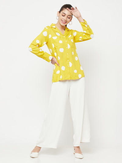 Yellow Polka Dot Printed Cuban Collar Shirt - Women Shirts