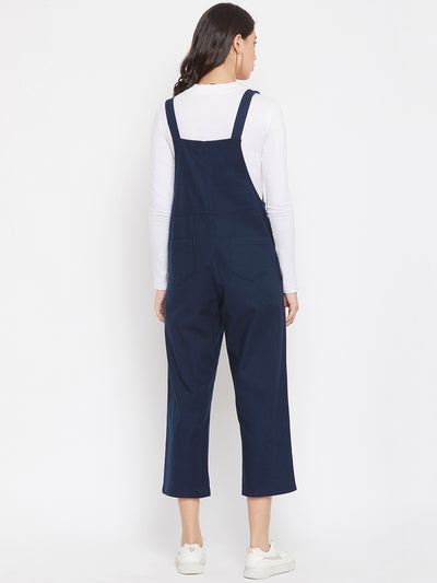 Navy Blue Solid Slim Fit Dungarees-Women Dungarees-Crimsoune Club