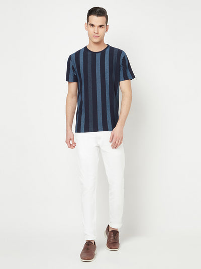 Navy Blue Striped Round Neck T-Shirt - Men T-Shirts