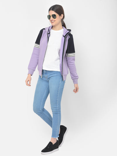 Purple Colourblocked Hooded Sweatshirt - Women Sweatshirts