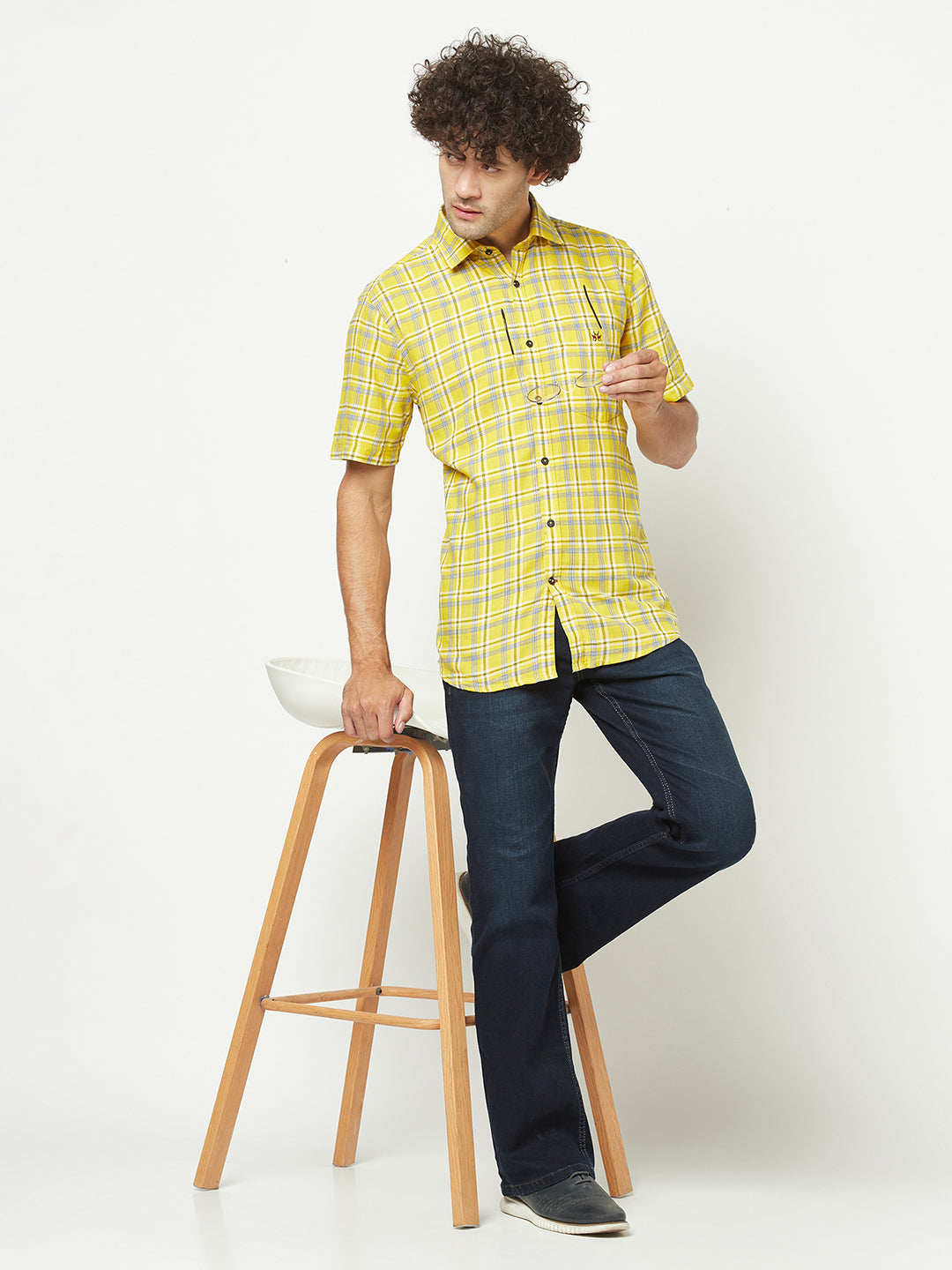  Yellow Short-Sleeved Flannel Shirt 