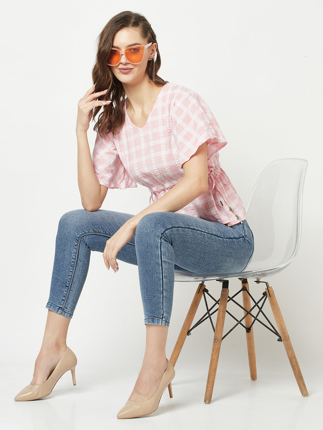 Light Pink Checked Empire Top-Women Tops-Crimsoune Club