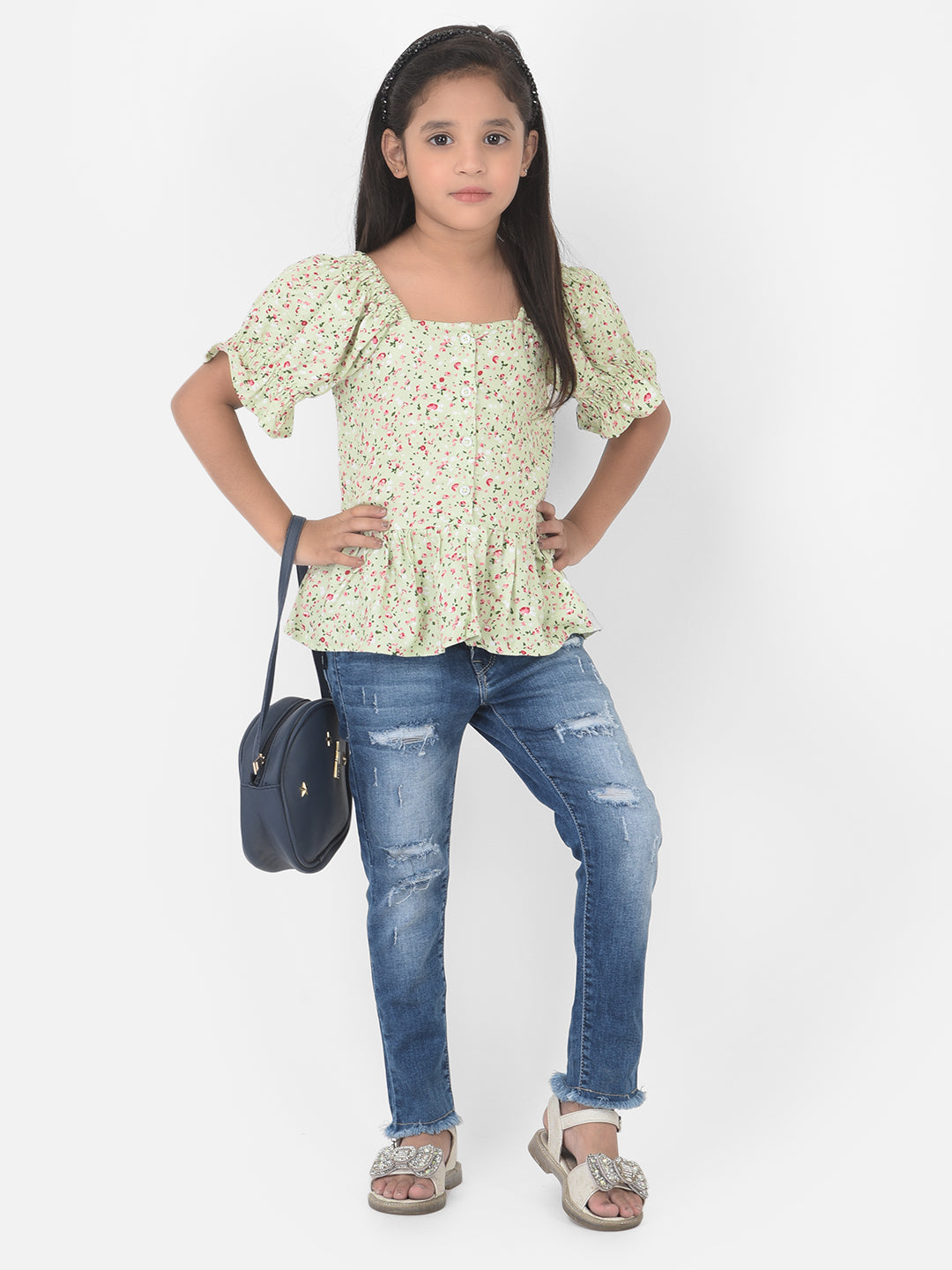 Green Floral Printed Cinched Waist Top - Girls Tops