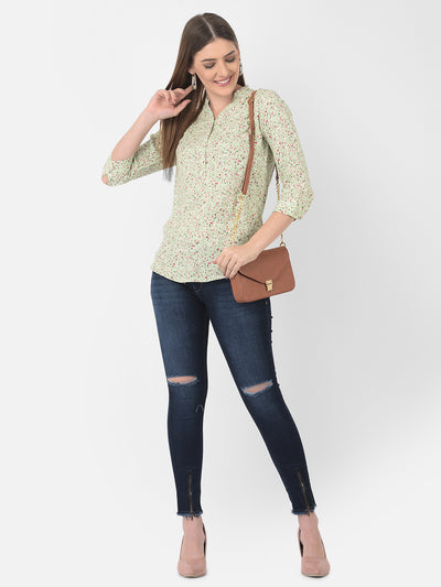 Green Floral Printed Mandarin Collar Top - Apparel & Accessories