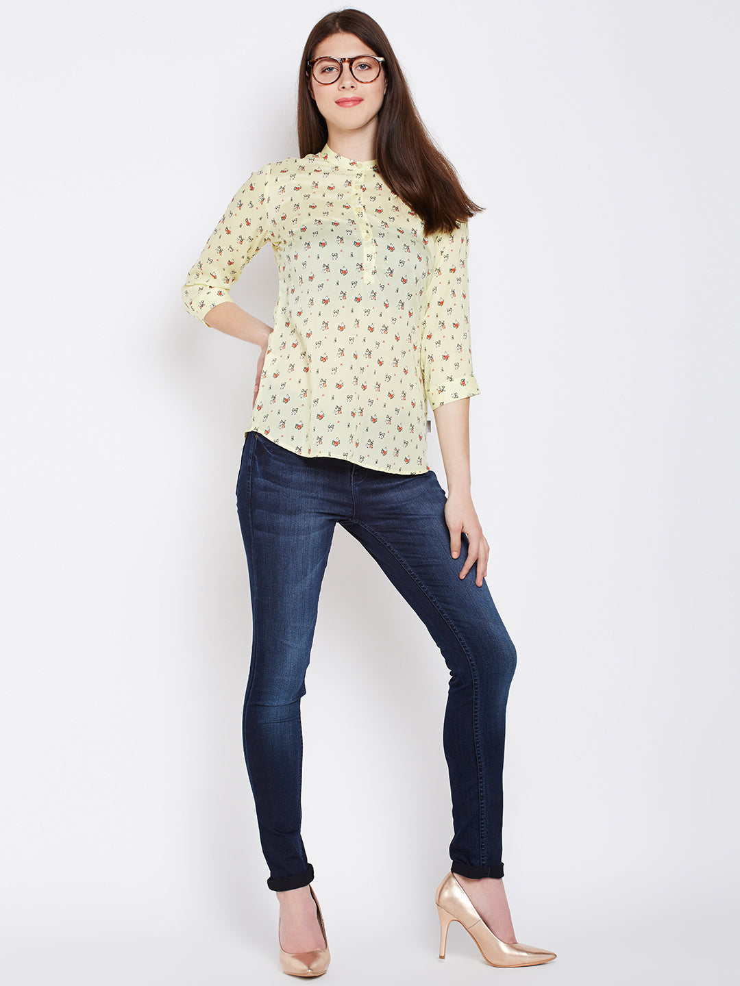 Yellow Printed Mandarin Shirt - Women Shirts