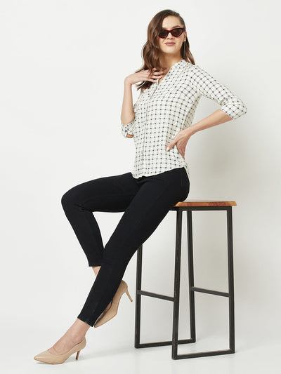  White Checkered Henley-Neck Shirt