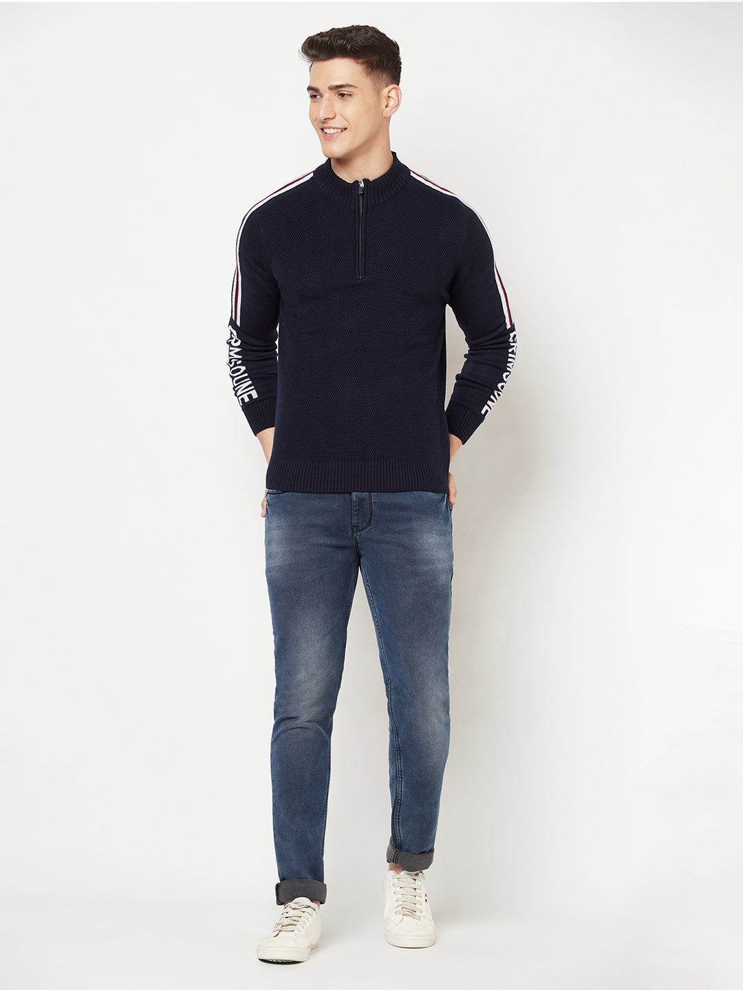 Navy Blue Printed Mock Neck Sweater - Men Sweaters