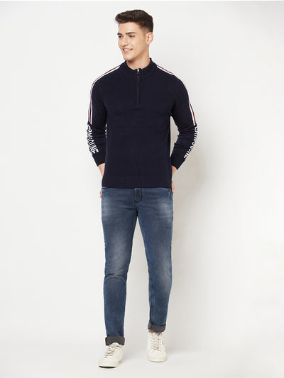 Navy Blue Printed Mock Neck Sweater - Men Sweaters