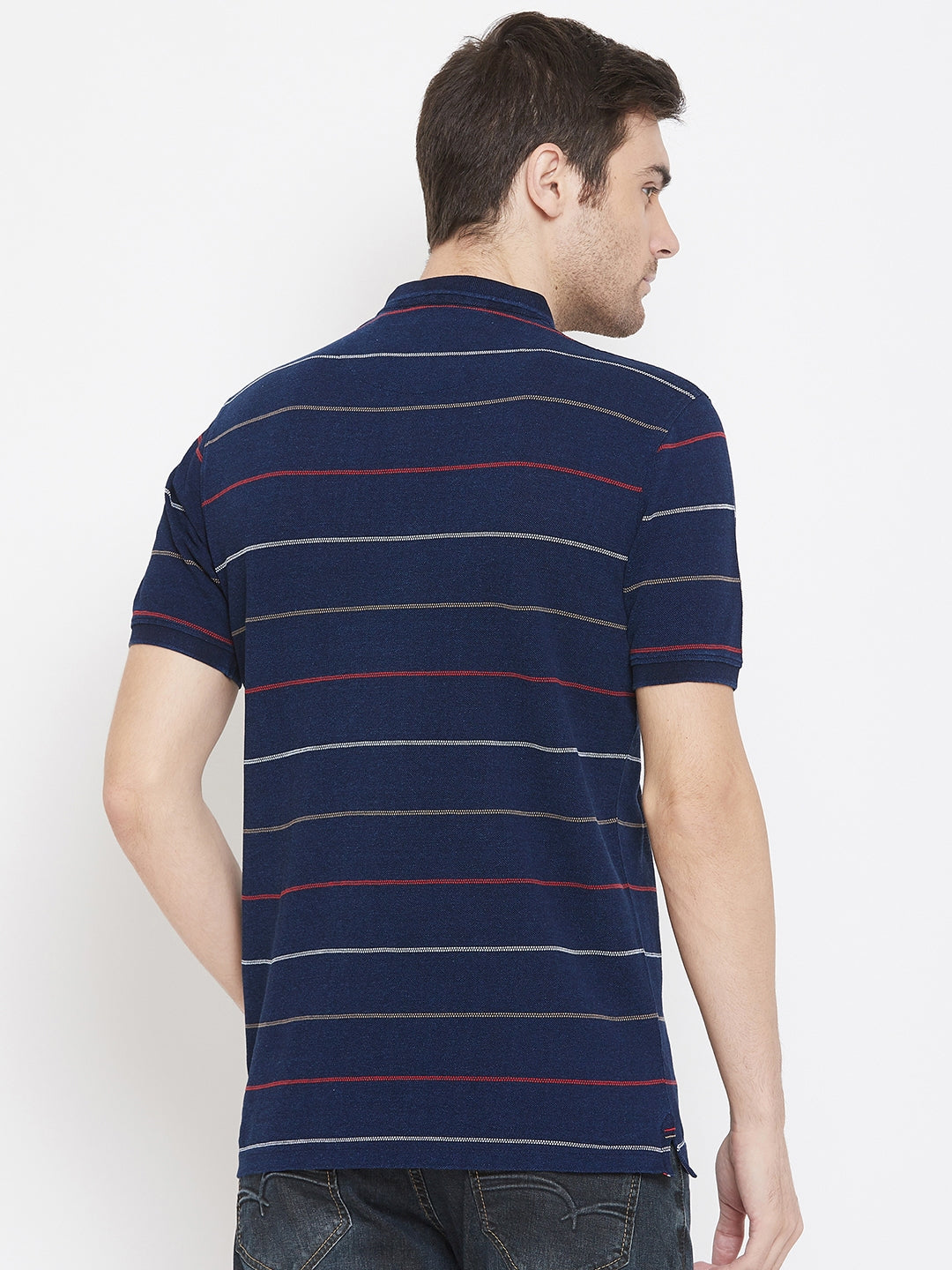 Navy Blue Striped Polo Neck T-Shirt - Men T-Shirts