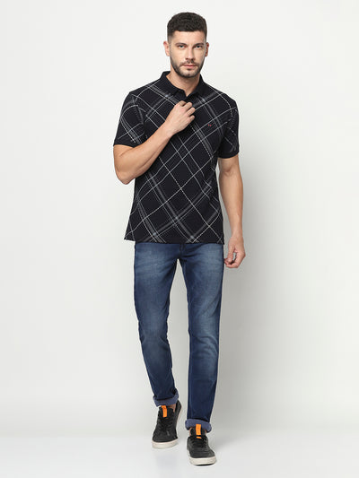 Navy Blue Diagonal Check Polo T-Shirt-Men T-Shirts-Crimsoune Club