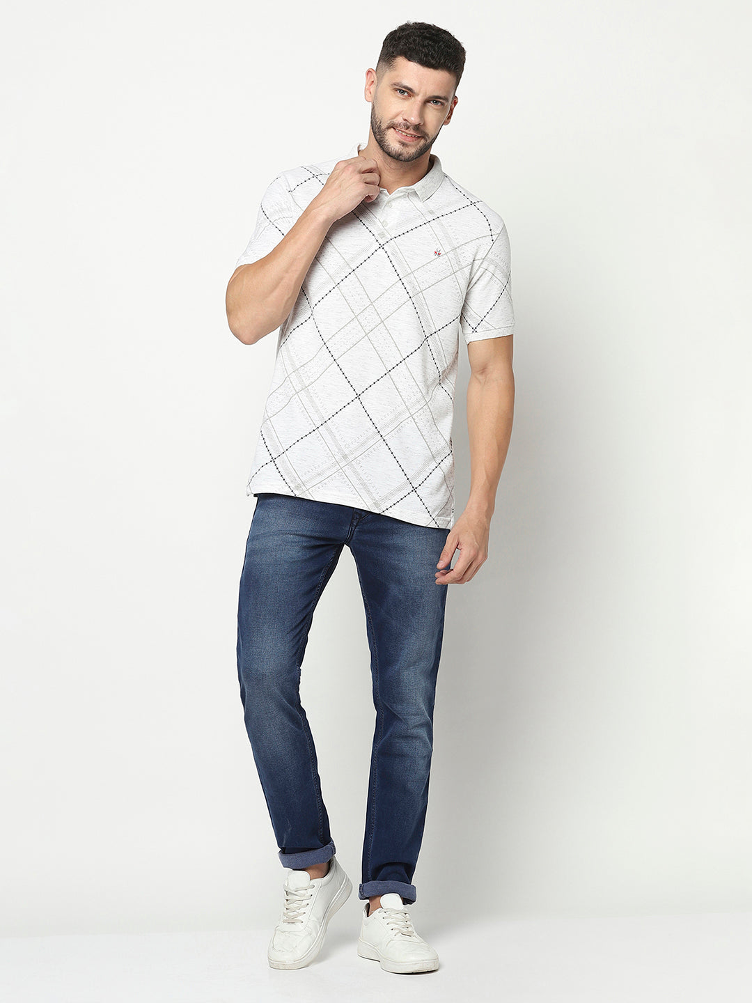 White Diagonal Checked Polo T-Shirt-Men T-Shirts-Crimsoune Club