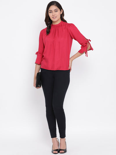 Red Printed Mandarin Collar Tops - Women Tops