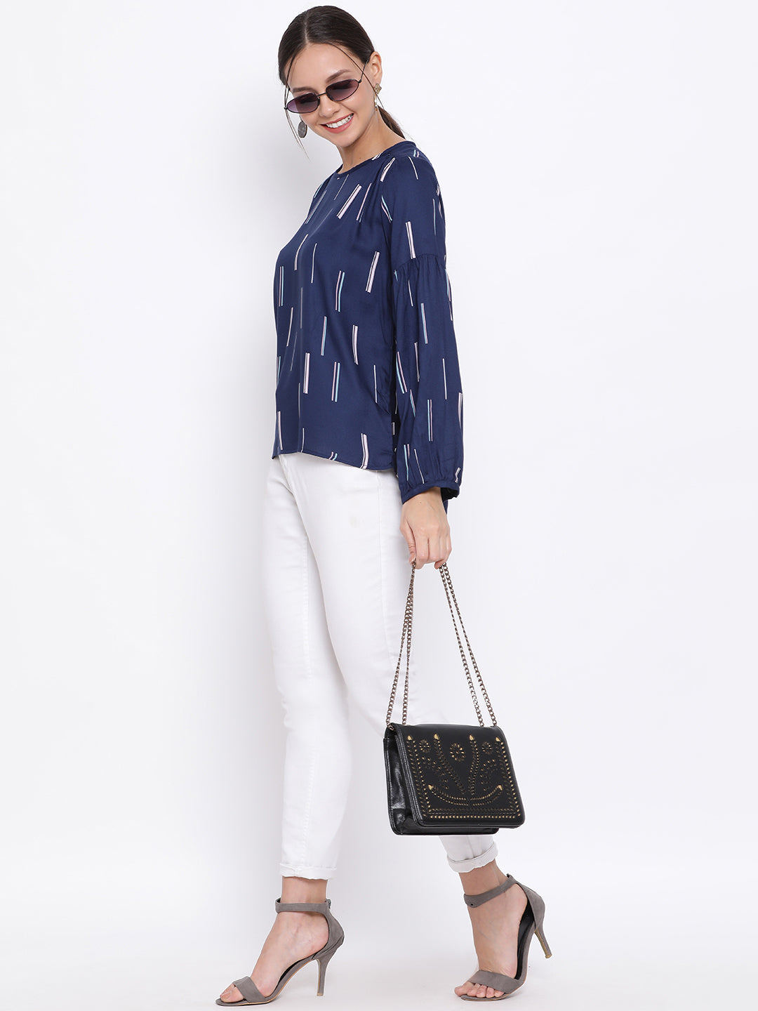 Blue Printed Full Sleeves Top - Women Tops