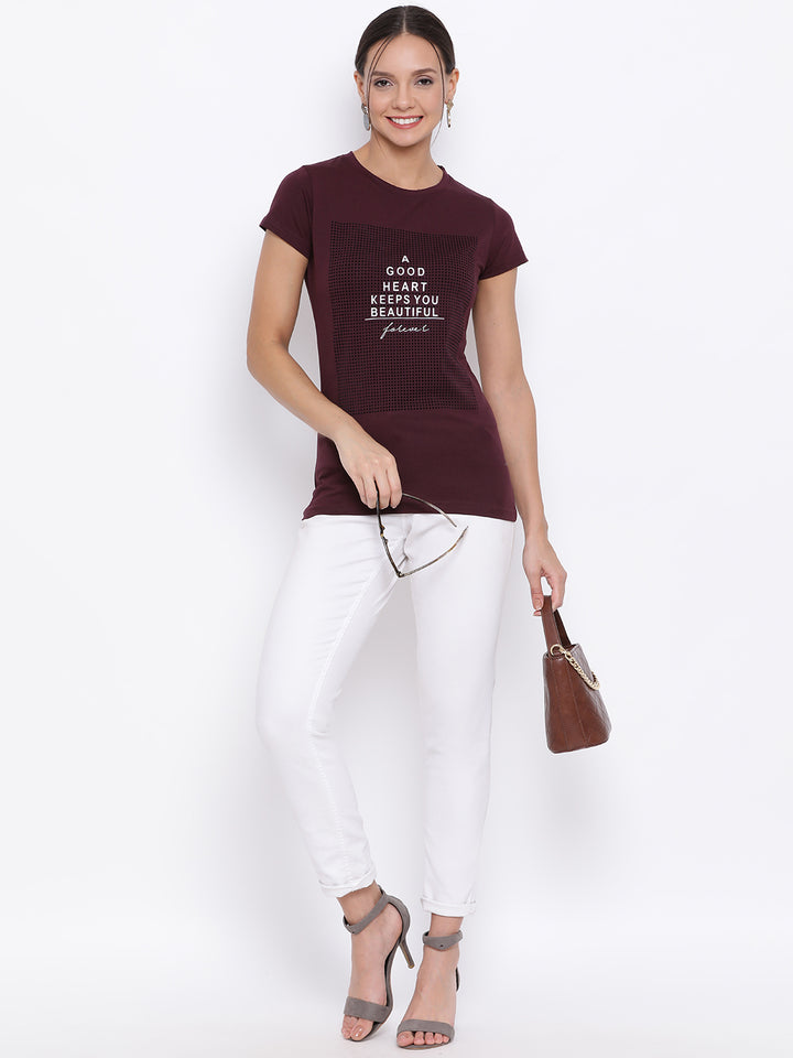Maroon Printed Slogan T-shirt - Women T-Shirts