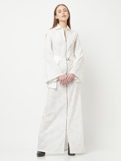 White Printed Shirt Style Longline Cotton Dress - Women Dresses
