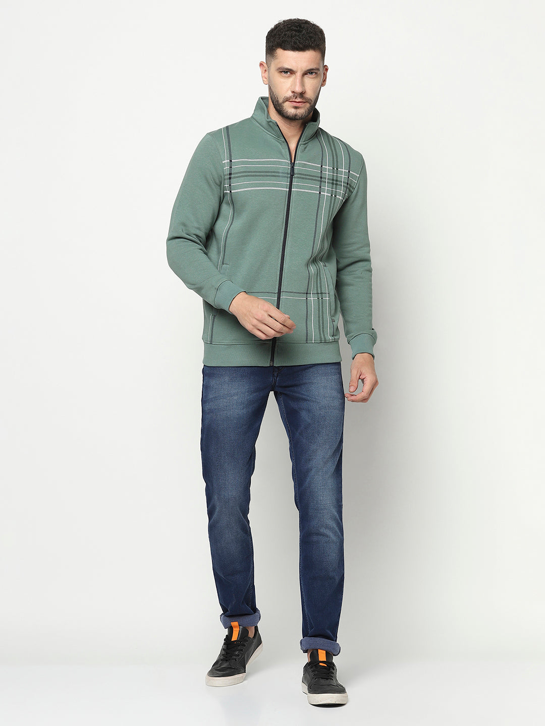 Green Lined Zipper Sweatshirt-Men Sweatshirts-Crimsoune Club