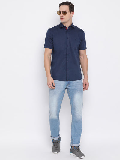 Navy Blue Spread Collar Slim Fit Shirt - Men Shirts