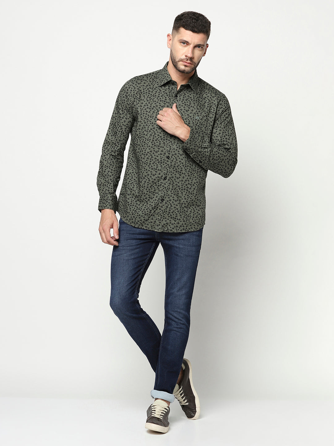 Olive Green Floral Shirt-Men Shirts-Crimsoune Club
