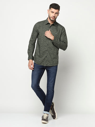 Olive Green Floral Shirt-Men Shirts-Crimsoune Club