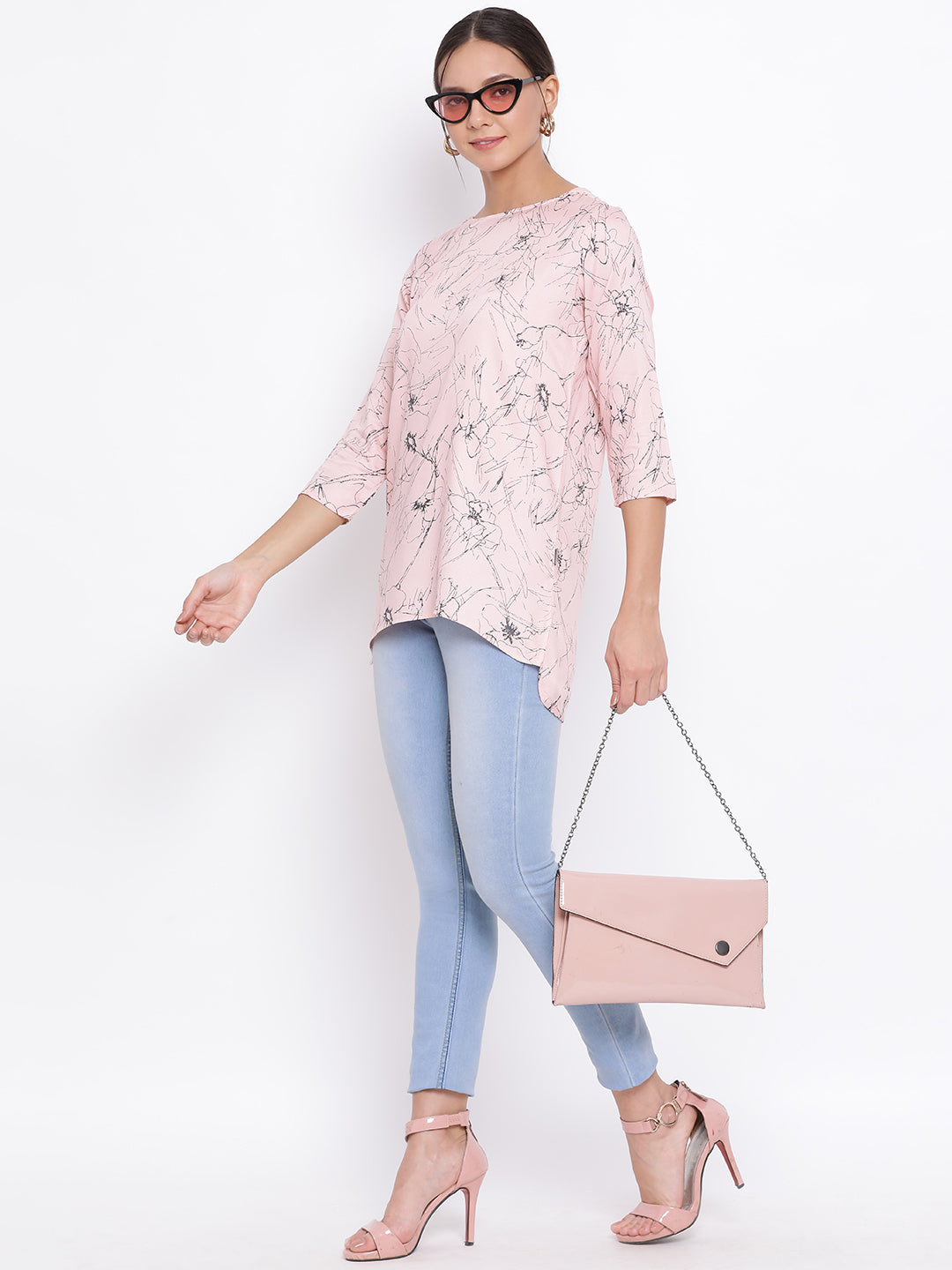 Pink Printed Asymmetrical Hem Top - Women Tops