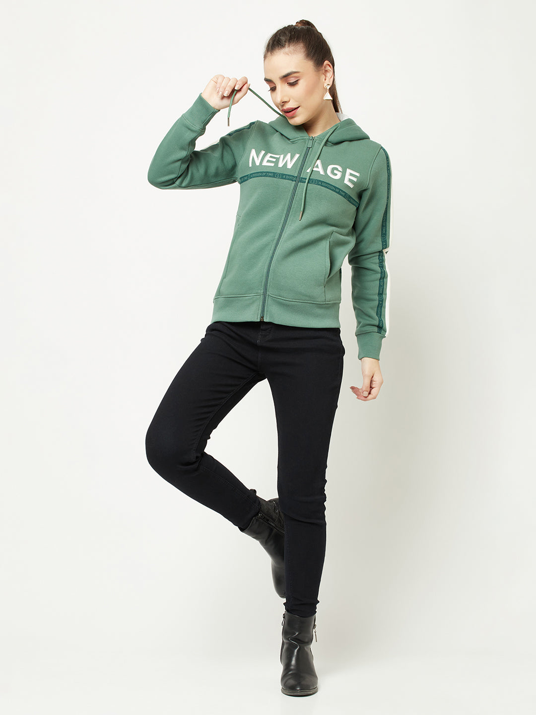  Sea Green Typographic Zipper Sweatshirt