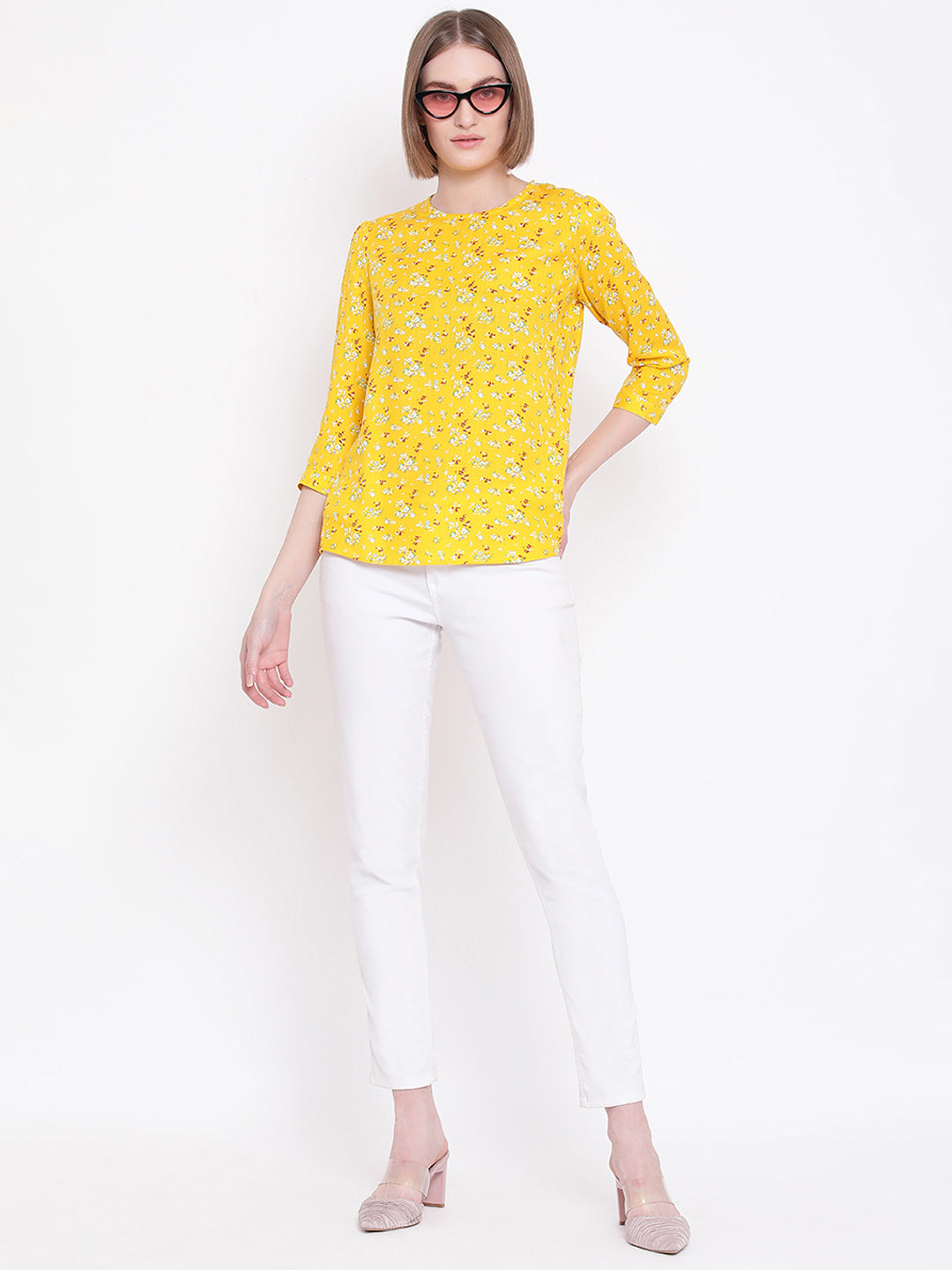 Yellow Floral Slim Fit Top - Women Tops