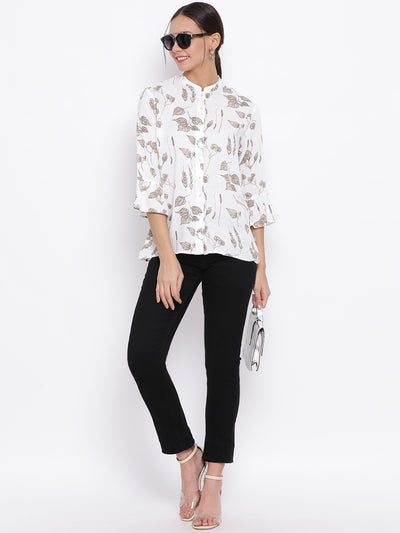 White Printed Flared Sleeves Top - Women Tops