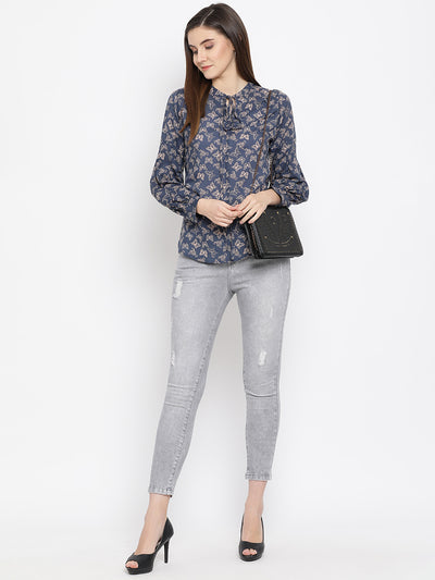 Blue Printed Tie-Up Neck Tops - Women Tops