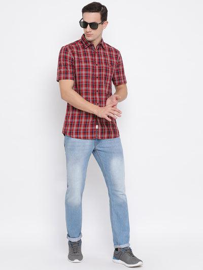 Red Checked Spread Collar Slim Fit Shirt - Men Shirts