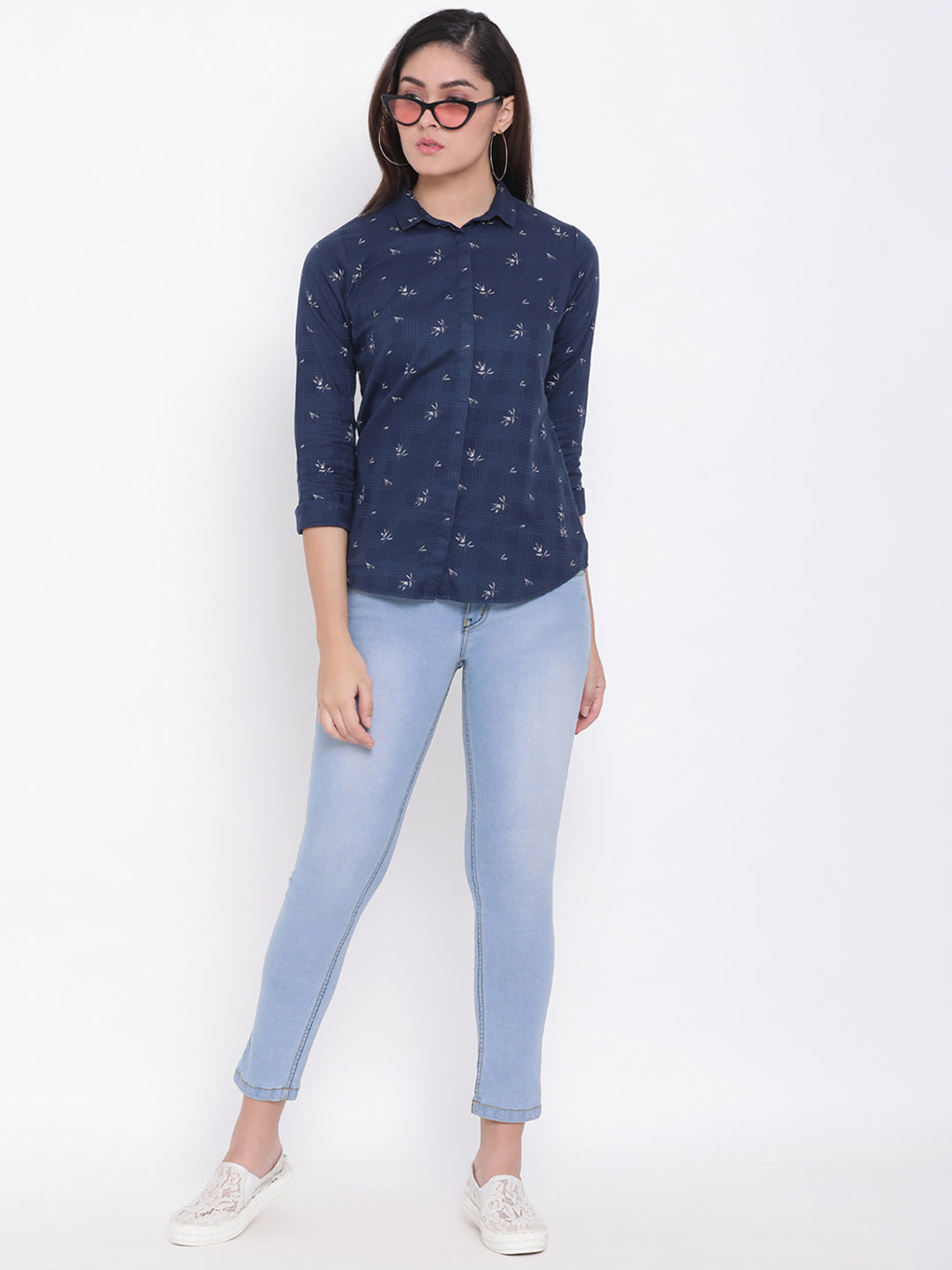 Navy Blue Printed Round Neck Slim Fit Shirt - Women Shirts