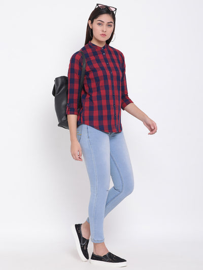 Red Checked Mandarin Collar Slim Fit Shirt - Women Shirts