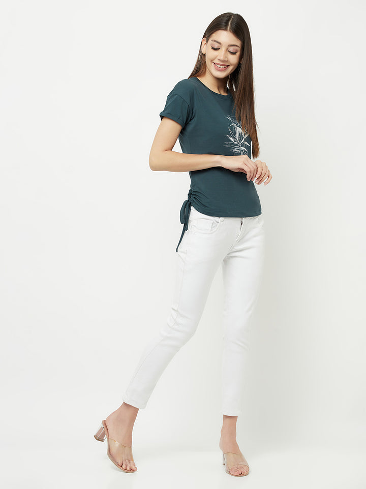 Green Printed Round Neck T-Shirt With Knot - Women T-Shirts