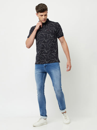 Navy Blue Printed Polo T-Shirt-Men T-Shirts-Crimsoune Club