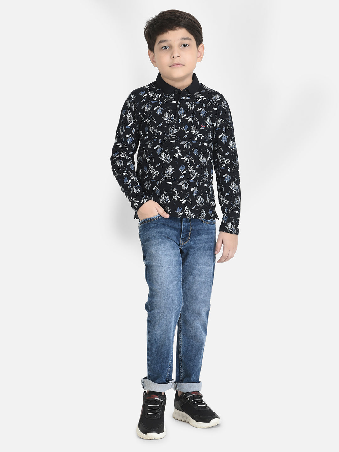 Navy Blue Floral Print T-Shirt-Boys T-Shirts-Crimsoune Club