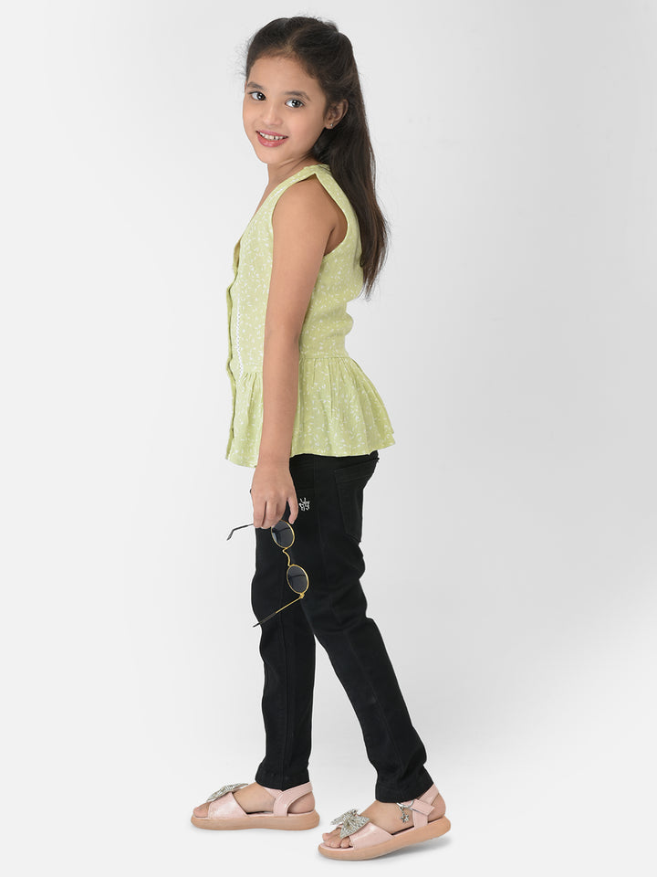 Light Green Printed V-Neck Top Empire Top - Girls Tops