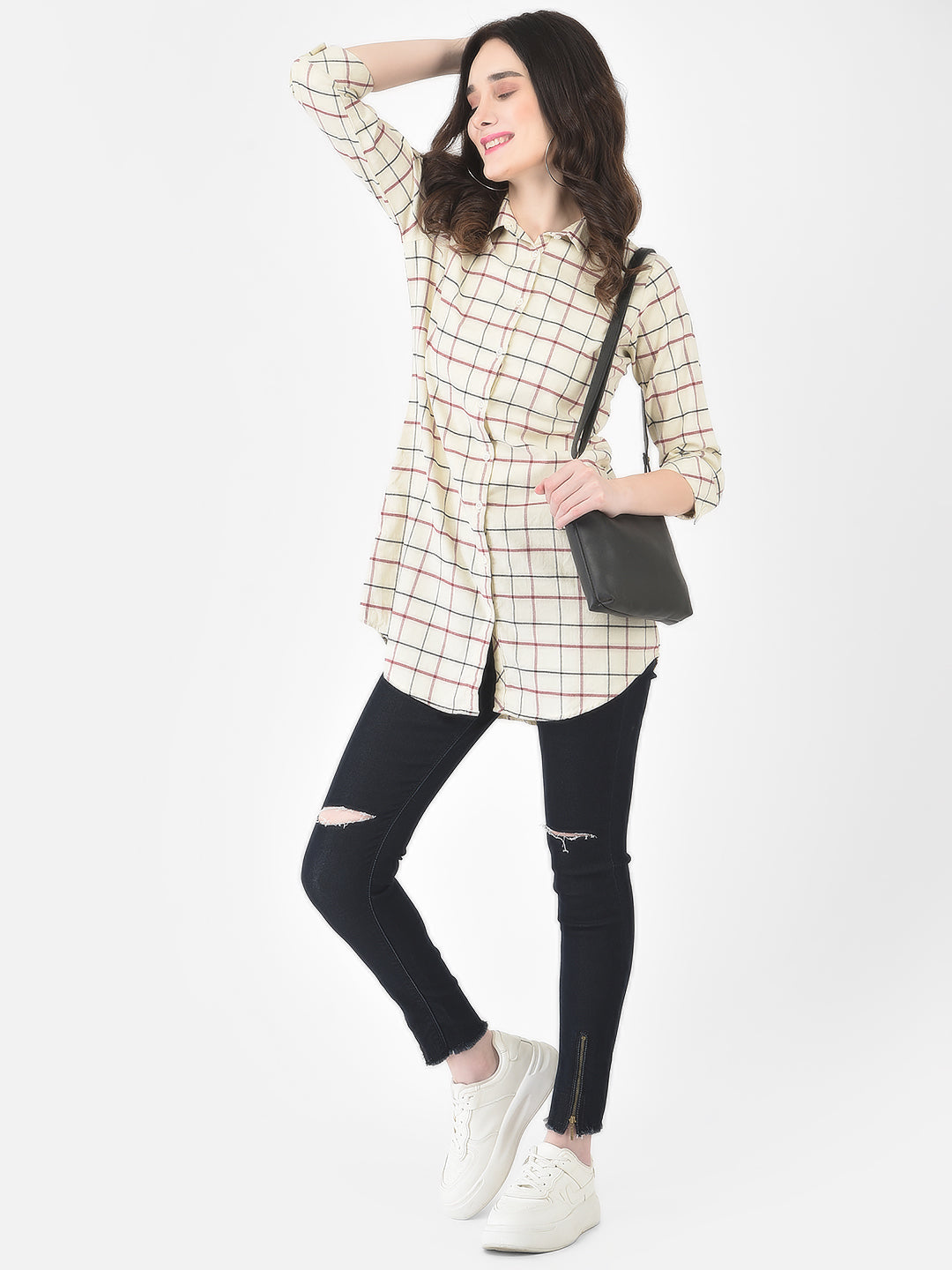 Beige Tattersall Checked Shirt - Women Shirts