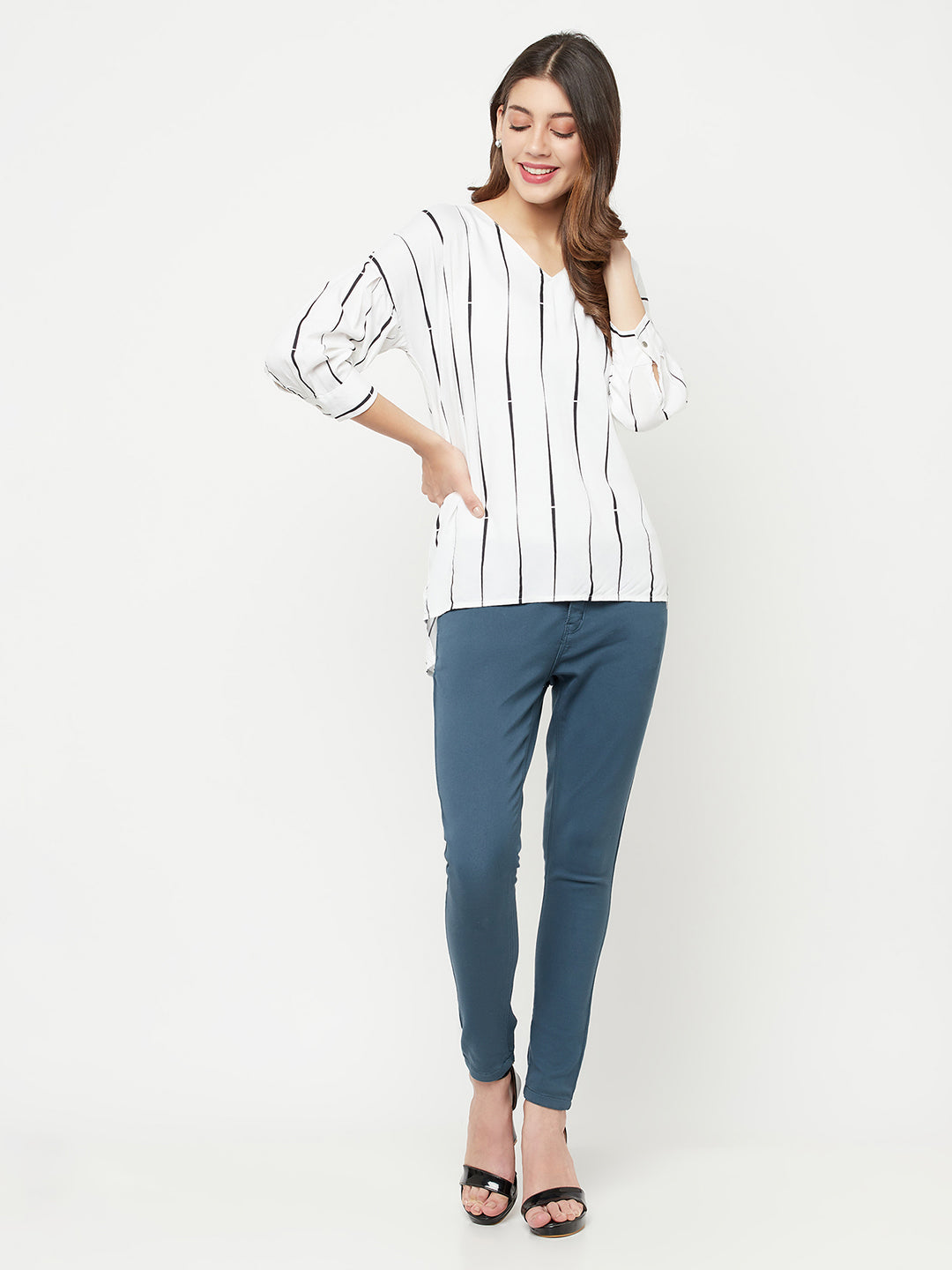 White Striped V-Neck Top - Women Tops